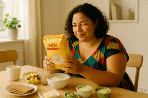 Frau im bunten Kleid sitzt am Tisch mit Frühstück schaut lächelnd auf eine Packung Haferflocken