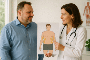 Ärztin im weißen Kittel zeigt einem Mann im blauen Hemd eine Illustration eines männlichen Körpers mit markierten Fettpolstern