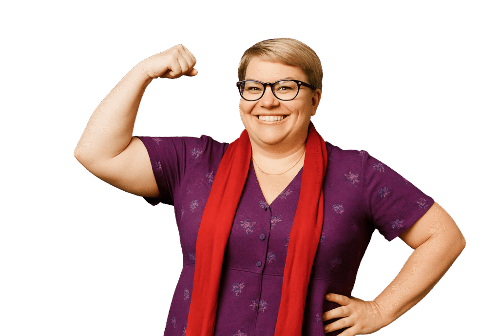 Frau mit kurzem blondem Haar Brille und violettem Kleid mit rotem Schal hebt den Arm und zeigt Muskelkraft