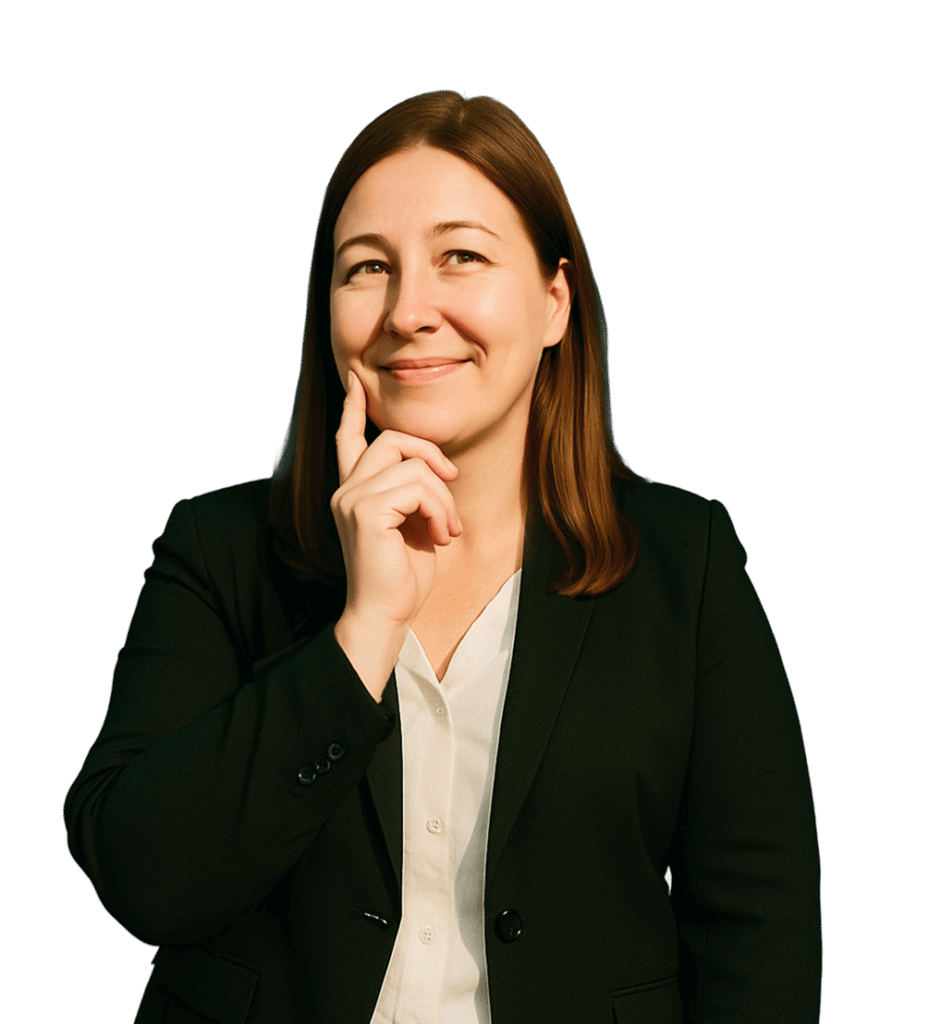 Frau im schwarzen Blazer und weißer Bluse lächelt nachdenklich und legt eine Hand an ihr Kinn
